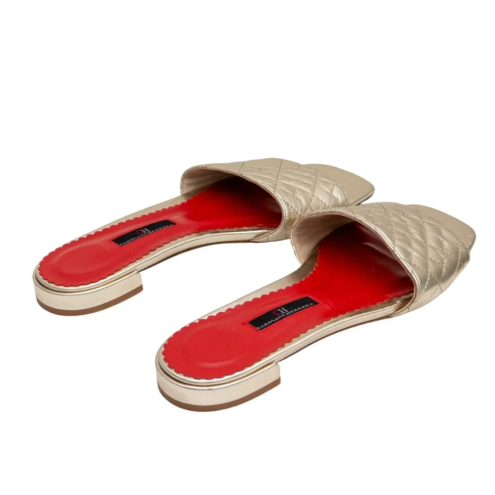 Carolina Herrera CH Gold Quilted Leather Slide Sandals Women's EU 39 US 8.5